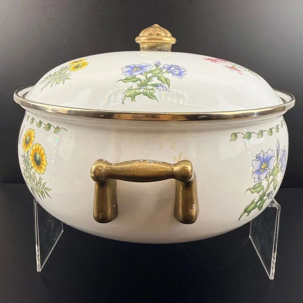 Vintage Regency Club Enamel Dutch Oven Floral Butterfly Brass Handles 10